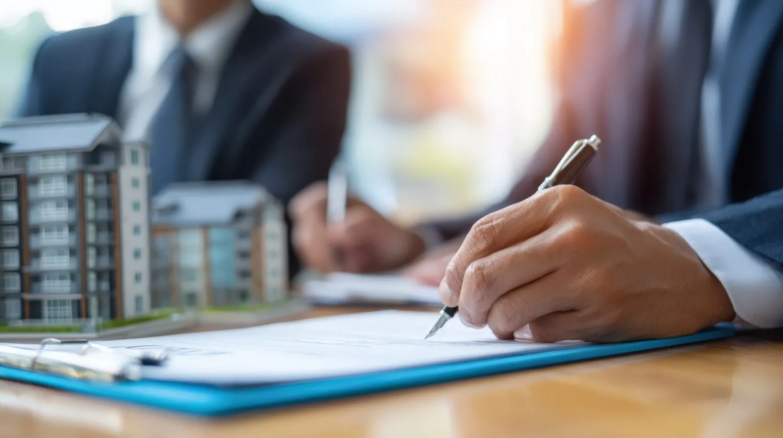 Person signing a document with a pen, with miniature buildings in the background.